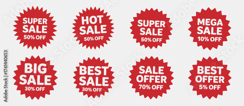 Discount and Sale Labels Vector Set,  Collection of flat red tags, stickers, starburst price labels, promotional icons, and sale badges for e-commerce, retail, and marketing design projects.