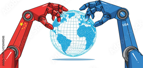 Vector art of robot hands from china and usa holding planet earth