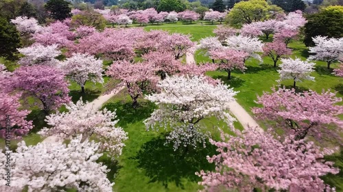 Dynamic Aerial Flyover of a Stunning Park with Pink and White Cherry Blossoms in Full Bloom