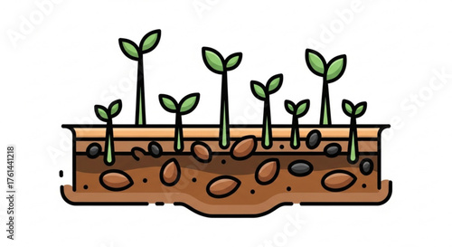 Illustration of seedlings sprouting from soil, showing roots, seeds, and layered earth.