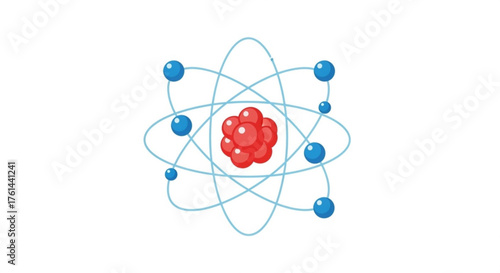 Illustration of an atom, featuring orbiting electrons around a nucleus.