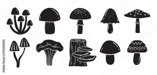 mushrooms silhouette monochrome with patterns illustration set. Trendy mushroom creative fabulous mystic folklore collection