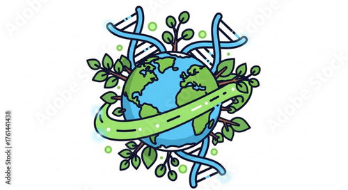 Illustration of Earth surrounded by DNA strands, a green ribbon, and leafy branches, symbolizing life and science.
