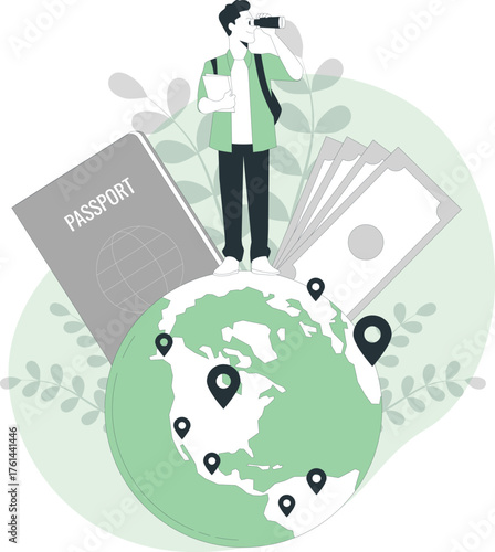 Man with binoculars on globe with passport and money for travel planning vector illustration