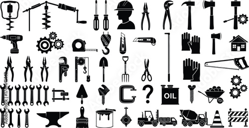 Construction tools vector icons set building equipment and elements