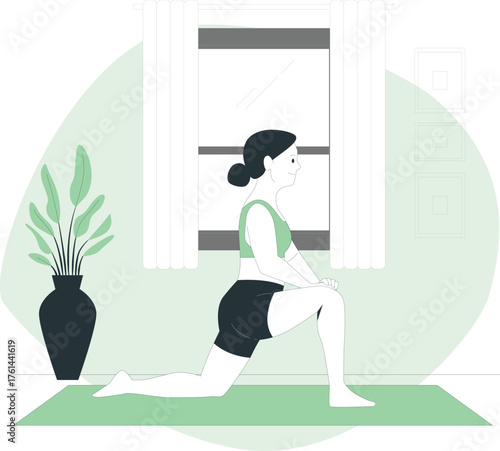 Woman doing a lunge stretch on a yoga mat in a room with a plant and window fitness exercise