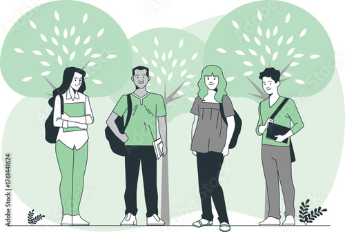 Diverse group of four young students standing outdoors with backpacks and books education learning