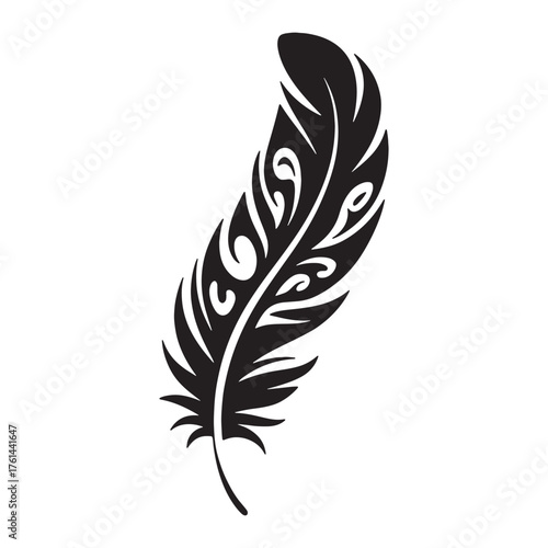 Decorative Feather Vector Silhouette - Tribal Style Bird Plume Illustration