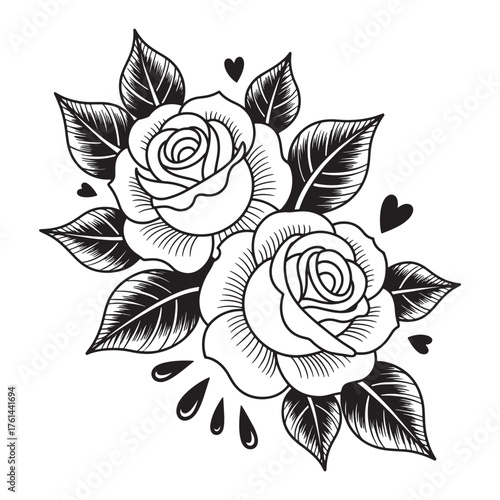 Classic Two Roses Tattoo Vector Illustration - Old School Floral with Hearts and Leaves