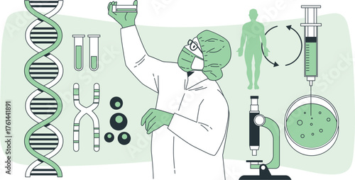 Scientist examining DNA helix and chromosomes with microscope and petri dish science research