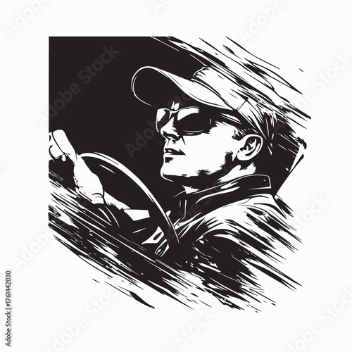 Driver Behind the Wheel Silhouette Vector on white background