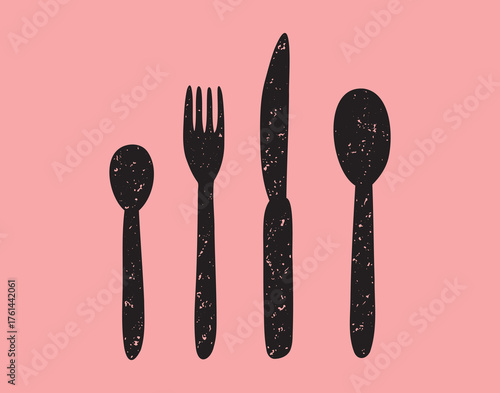 silverware spoon, tablespoon and teaspoon, fork and knife textured grunge icon silhouette set. 