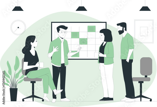 Diverse group of people in a meeting room with whiteboard and plants on white background Keywords: people, meeting, office, discussion, collaboration, teamwork, whiteboard, presentation, ideas