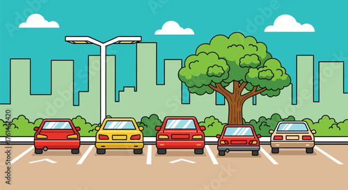 Parking lot cartoon illustration with cars and city background