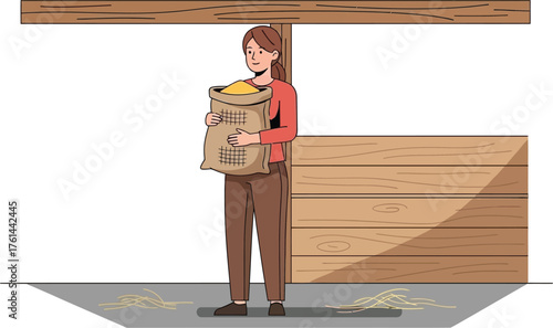 Vector art of person holding a bag of grain in a barn