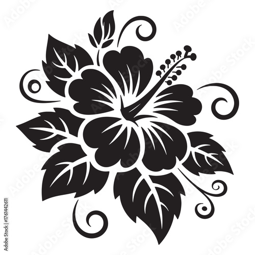 Hibiscus Flower Vector Silhouette - Tropical Bloom with Leaves and Swirls