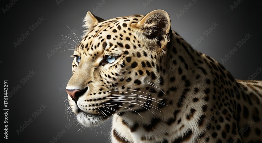 Obraz premium A hyper-realistic portrait of a white leopard with pale cream fur covered in soft golden-brown spots, gazing gracefully to the side.