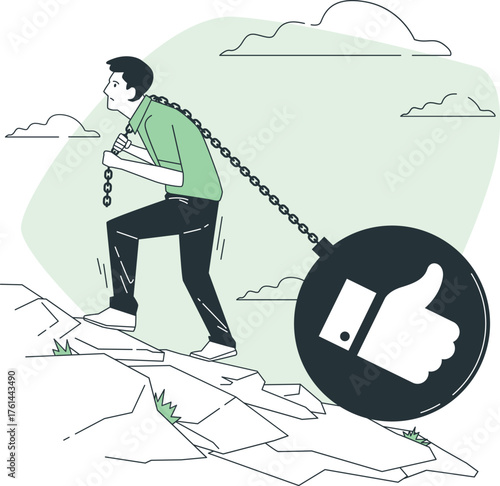 Man Struggling to Climb Rocky Terrain While Dragging a Large Ball with a Thumbs Up Symbol struggle challenge