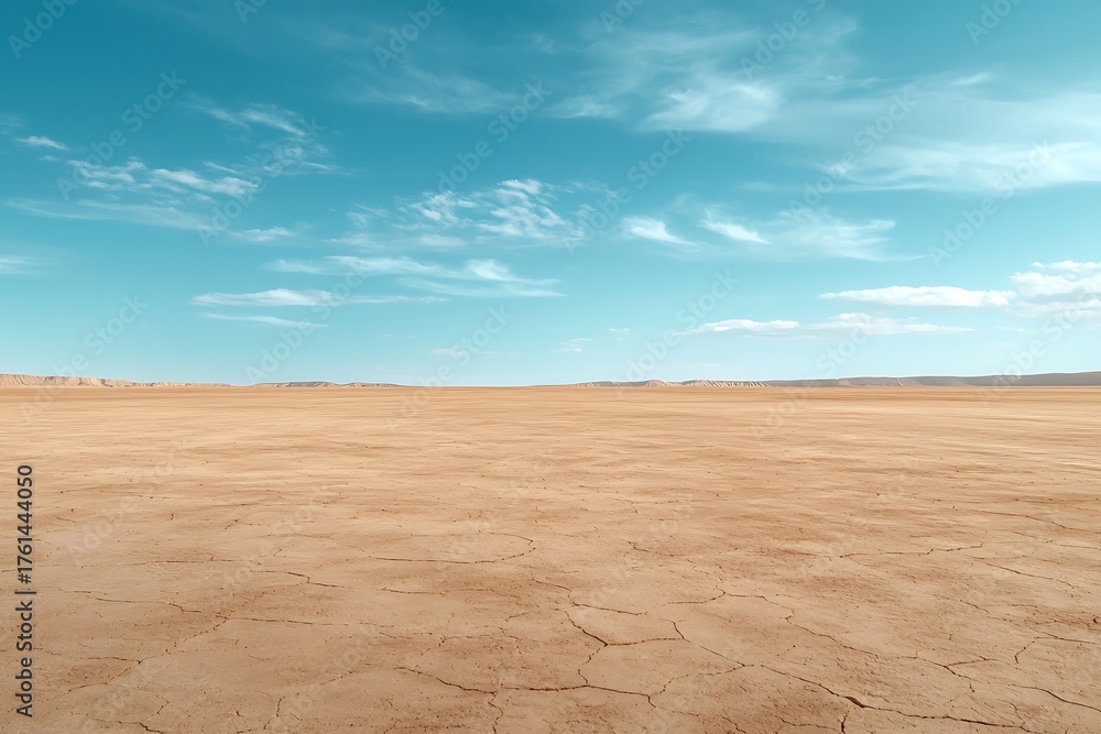 Fototapeta premium Vast Empty Landscape with Cracked Earth and Clear Blue Sky Under Natural Daylight