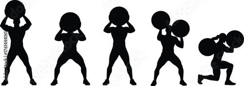 Athlete lifting heavy ball silhouette set, strength training workout poses, fitness man vector illustration, bodybuilding exercise design, gym sports concept