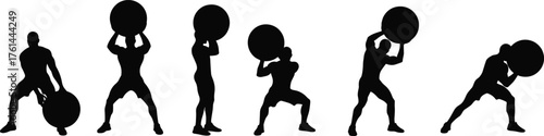 Athlete training with heavy ball silhouette, fitness workout exercise poses vector illustration, strength training man, gym sports bodybuilder design