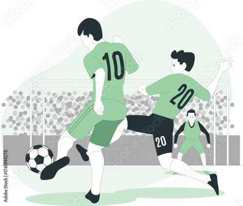 Soccer players competing for the ball near a goal with spectators Keywords: soccer, football, sport, game, players, competition, goal, net, ball, kicking, action, athletic, team, match, stadium