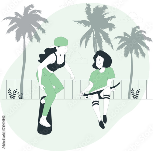 Two young women with skateboards in a park with palm trees Keywords: skateboard, skateboarding, skateboards, women, girls, friends, park, palm trees, summer, vacation, leisure, recreation