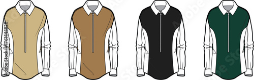 Set of four color variations of a long sleeve quarter-zip pullover shirt. Fashion technical flat sketch for female apparel design and mockups