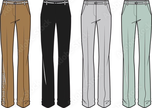 Diverse collection of women's tailored trousers in various colors, showcasing modern business and smart casual fashion apparel suitable for office and everyday wear illustration