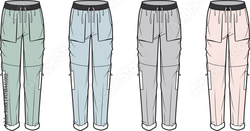 Collection of stylish cargo pants in four different colors mint green, light blue, grey, and pink