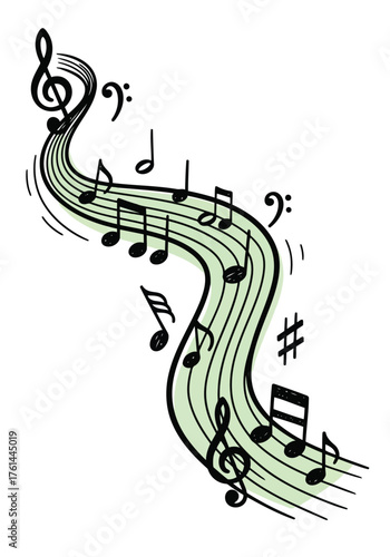 Vector illustration of musical notes flowing on a wavy staff