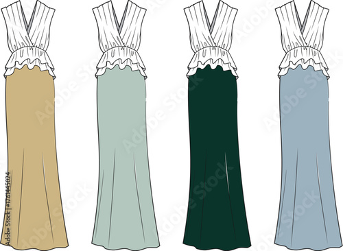 Fashion technical flat sketch of a women's long V-neck maxi dress with ruched bodice, presented in a set of four different color options