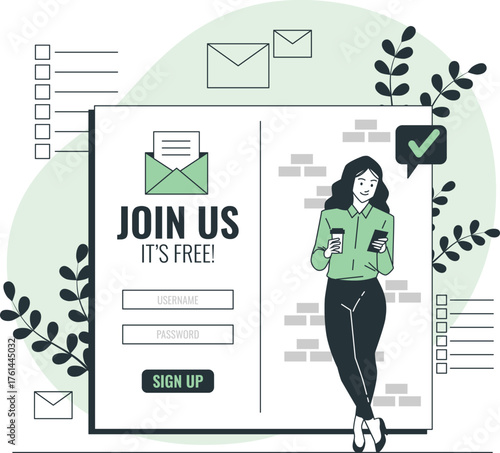 Woman signing up on a website with username and password fields Keywords: join us, sign up, website, online registration, form, username, password, free, email, envelope, notification, woman