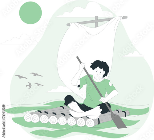 Man on a raft with a sail navigating on the water with birds flying Keywords: man, raft, logs, water, ocean, sea, sailing, navigation, journey, adventure, survival, isolation, solitude, travel