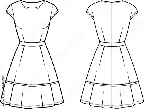 Fashion dress technical flat sketch, cap sleeve design, waistband detail, front and back view, vector apparel drawing, cad drawing flat vector illustration