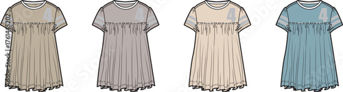 Women's short sleeve pleated dress with fringe hem, a technical flat sketch set for apparel design and clothing mockups