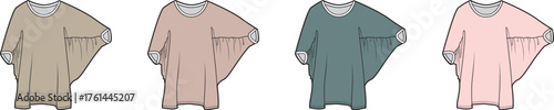 Vector fashion design technical flat sketch template of a women's oversized dolman sleeve tunic dress. Set of apparel mockups in different colorways