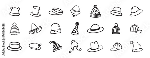 hat doodle hand drawn icon set. Outline drawing hats line clipart symbol collection