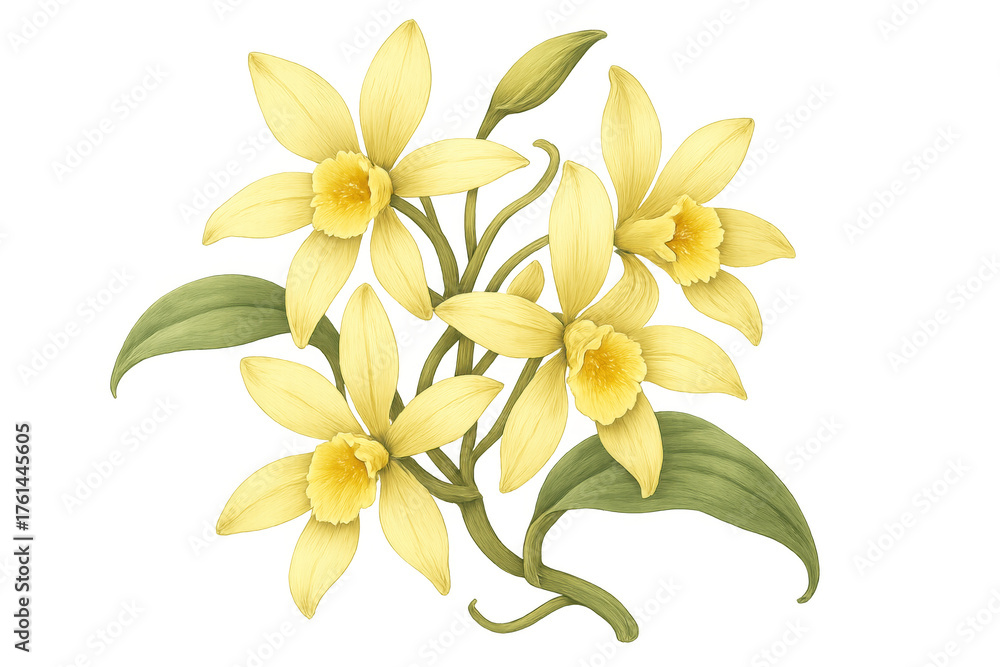 Obraz premium Vanilla orchid flower illustration, delicate yellow blossoms and green leaves, botanical drawing, transparent background