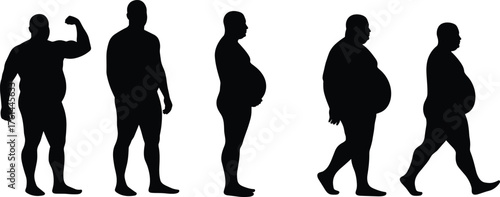 Male body silhouette showing weight gain process, obesity progression and health change concept illustration for fitness, medical and wellness design