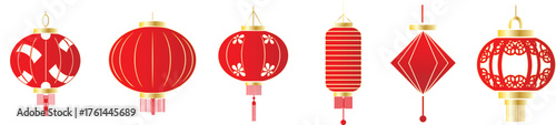 Collection of six red and gold chinese lanterns isolated on white background traditional decorative lanterns for festive occasions, symbolizing good luck and prosperity in various shapes and styles