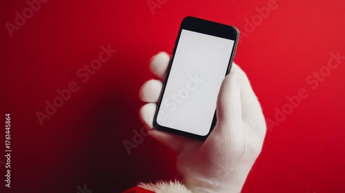 hand of santa clause with white gloves holding a smartphone with a blank screen