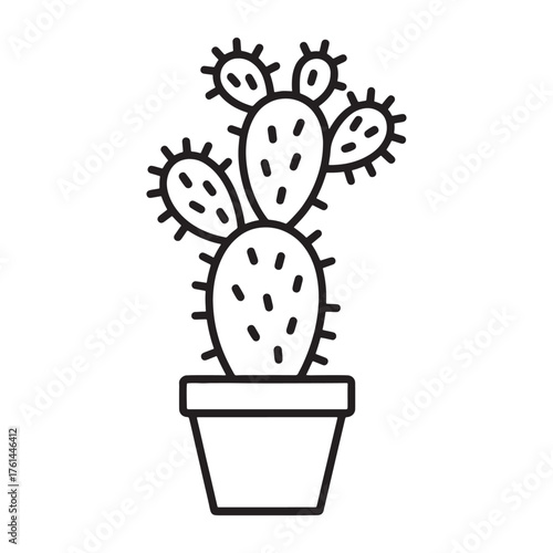Potted Prickly Pear Cactus Vector Icon - Outline Opuntia Succulent Plant