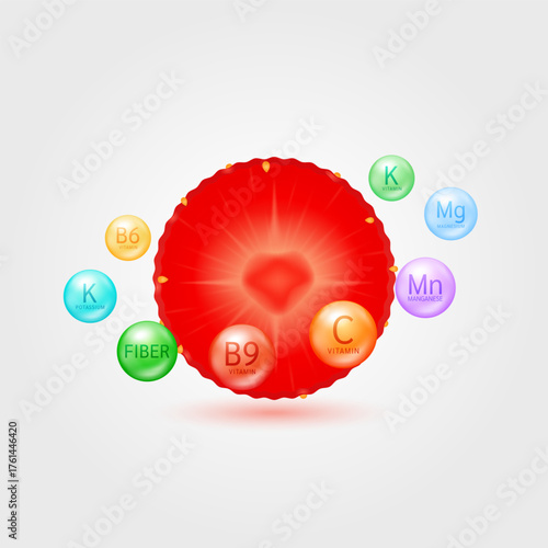 Strawberries slice surrounded by vitamins and minerals. Fruits in vitamin B9 essential to the health care. Natural alternative supplements. Vector illustration.