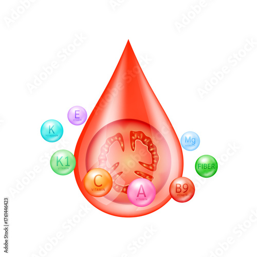 Tomato fresh in water drop surrounded by vitamins and minerals on a white background. Serum solution from nature essential skin care. For ads cosmetics cream lotion. Vector illustration.