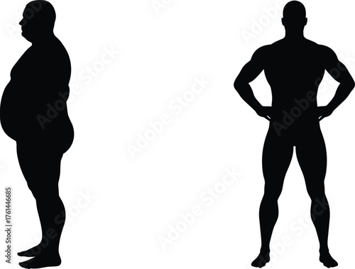 Male body transformation silhouette showing weight loss, fitness progress and healthy lifestyle change from obese to muscular fit man