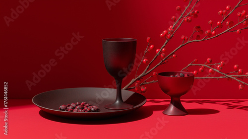Black Ceramic Plate, Glass, and Melon Seeds on Red Background Tet Holiday and Lunar New Year Concept