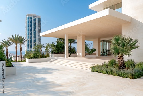 Modern architectural design with sleek lines and tropical landscaping in a sunny environment