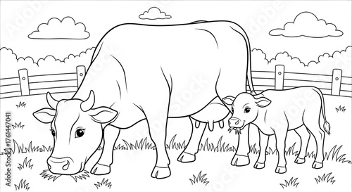 Mother cow and calf graze in a sunny pasture