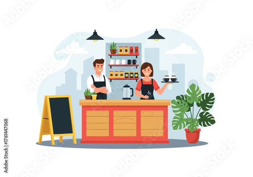 Vector illustration of barista serving coffee at counter in cafe
